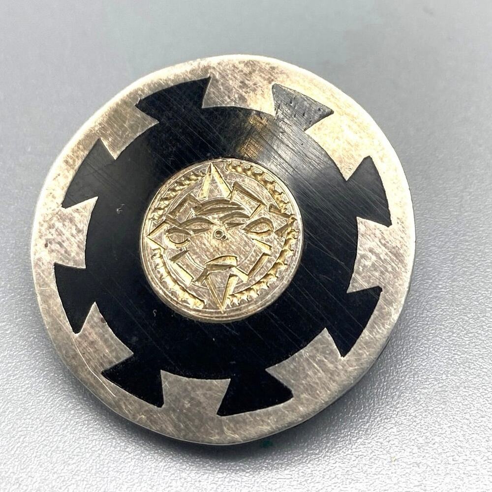 Mexico 925 Mayan Aztec Mask Brooch Pin Sterling Silver Onyx Shield Vintage